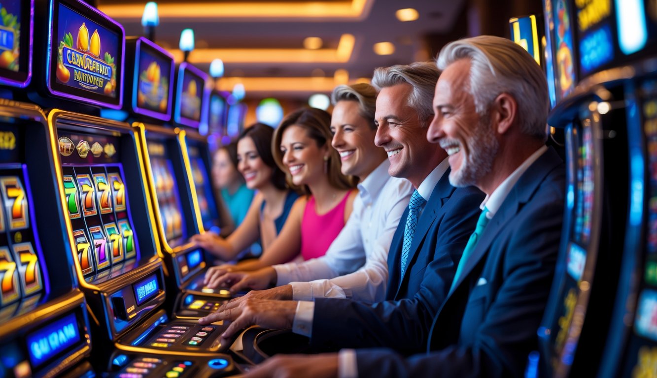 Sejumlah orang bermain mesin slot di kasino yang terang dan modern dengan lampu berwarna-warni.