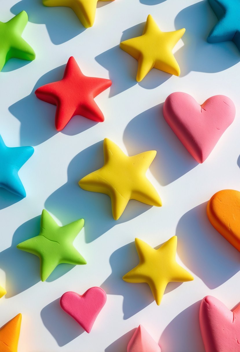 Colorful foam clay star and heart shapes arranged on a white surface.