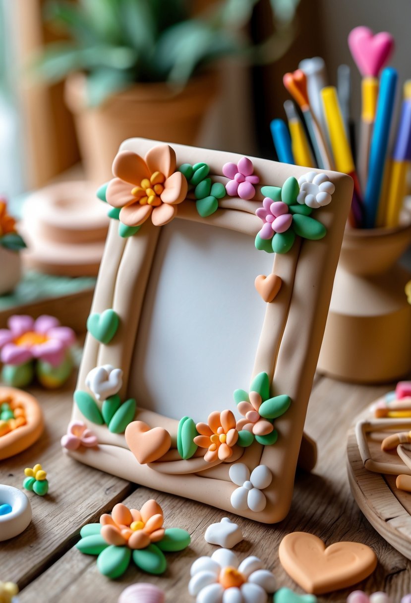 A clay photo frame decorated with small clay hearts and flowers on a wooden table surrounded by clay crafting tools and colorful clay pieces.