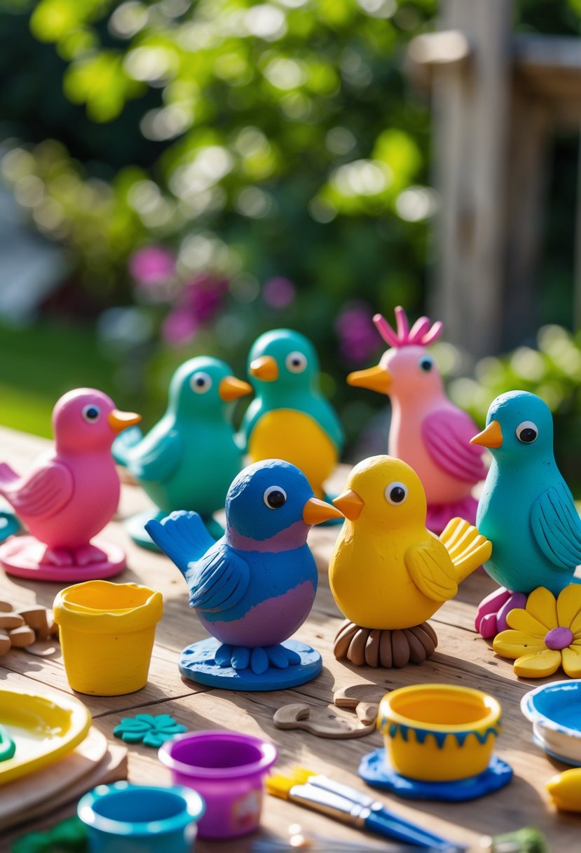 A table displaying colorful clay bird feeder sculptures shaped like birds and flowers, surrounded by painting supplies, with a garden background.