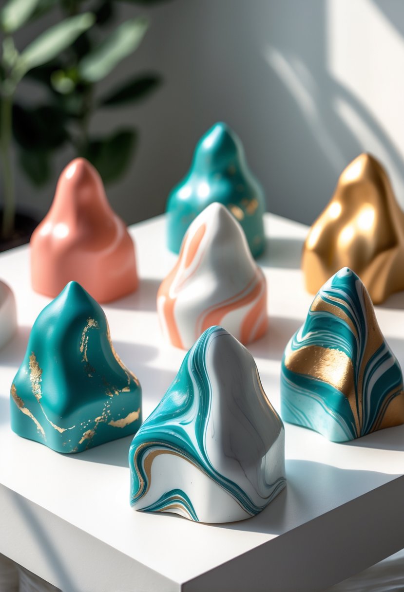 A collection of small marbled foam clay sculptures with swirling colors arranged on a white surface.