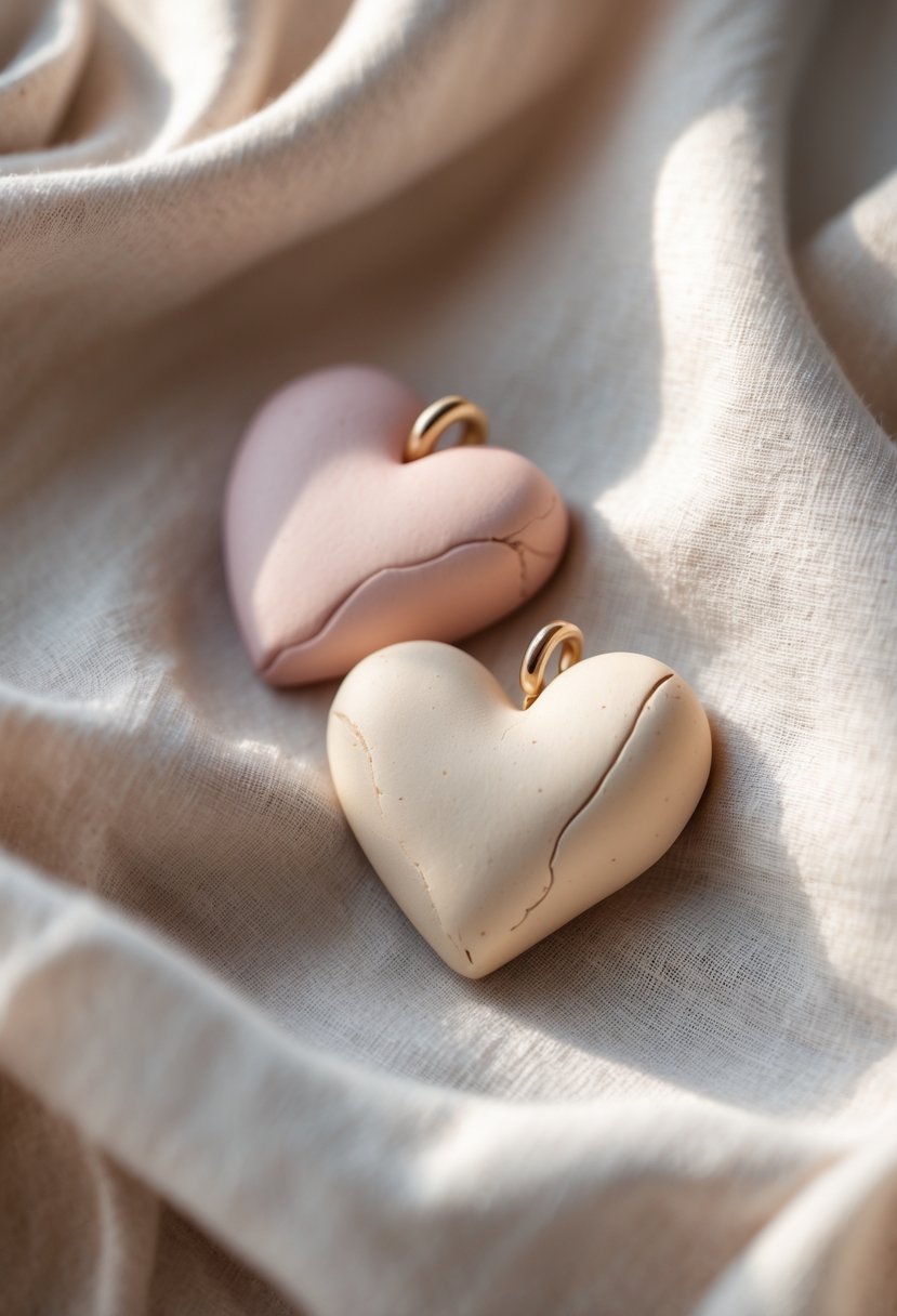 Two handcrafted clay heart pendants resting on soft fabric, showcasing delicate shapes and pastel colors.
