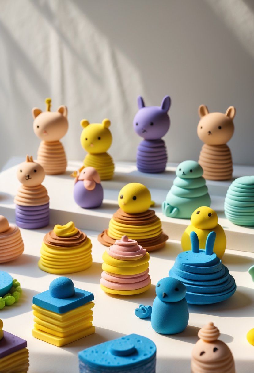 A collection of colorful foam clay figurines with layered textures arranged on a plain surface.