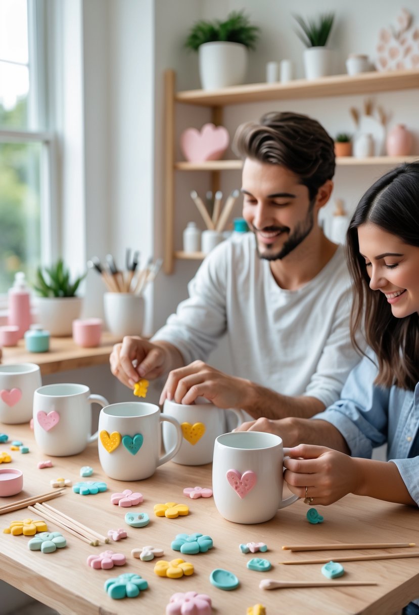 A couple decorating white ceramic mugs with colorful clay charms at a wooden table in a bright craft room.