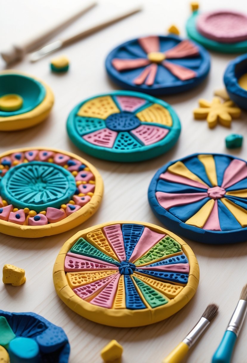 A set of colorful textured clay coasters arranged on a wooden surface with small crafting tools and clay pieces nearby.