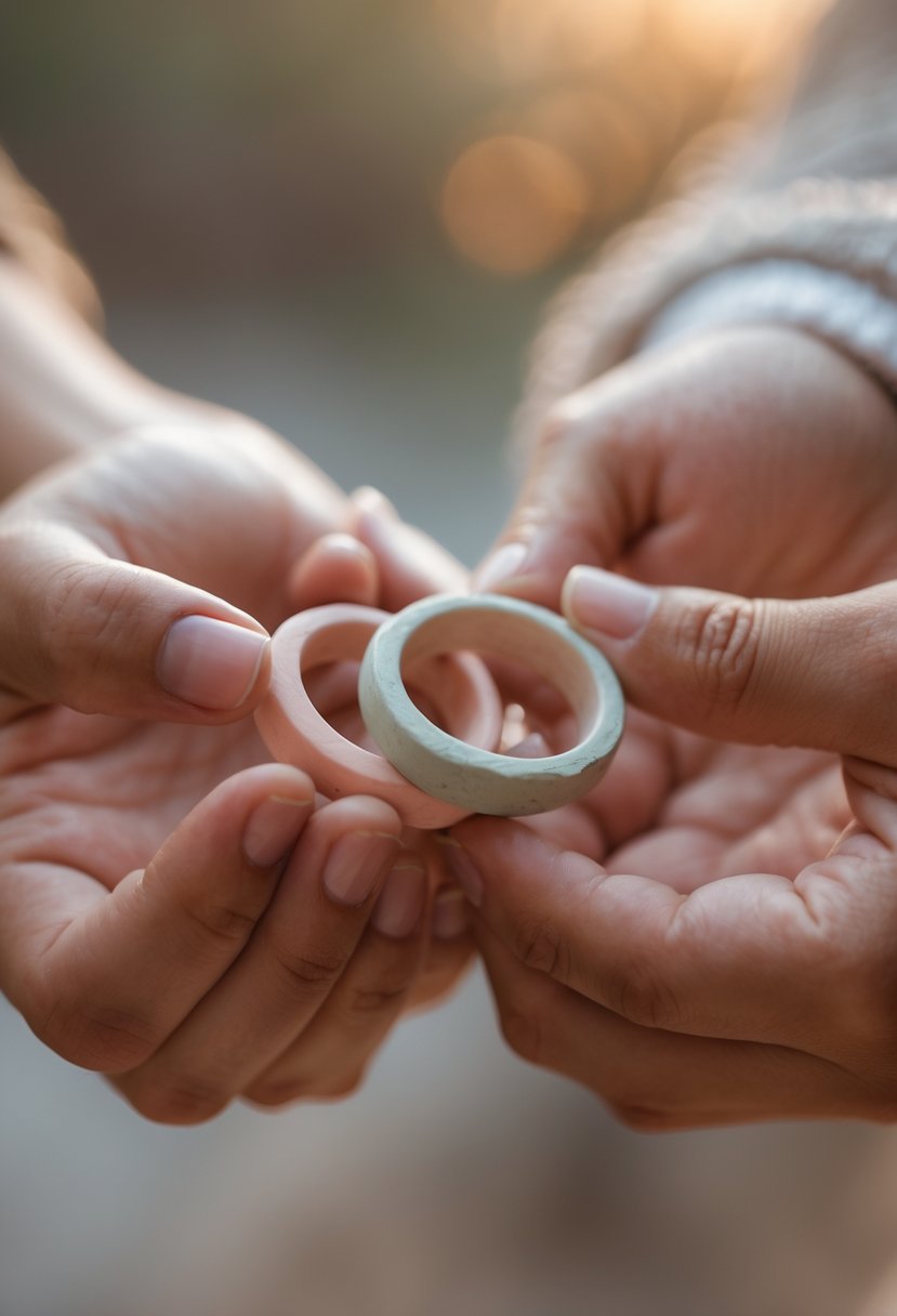 Two hands holding matching handmade clay rings with a soft blurred background.