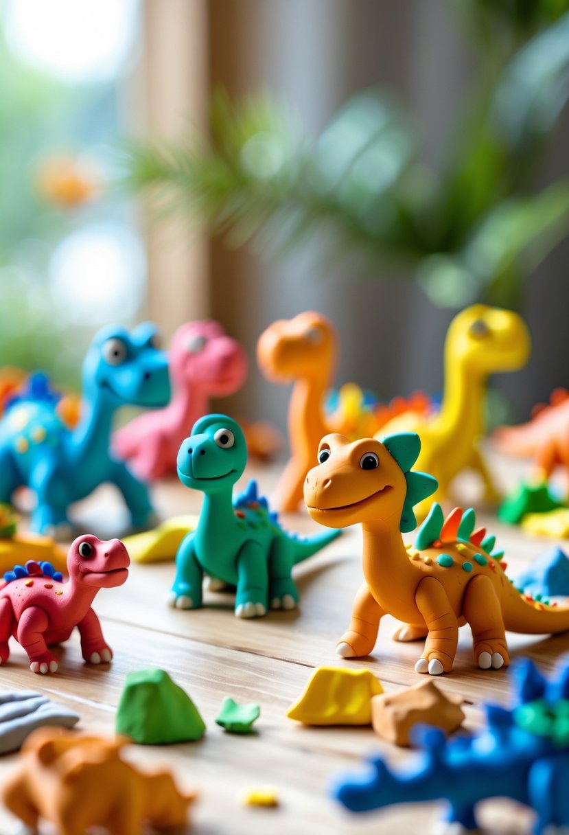 A collection of colorful clay dinosaur models displayed on a wooden table with clay tools and pieces scattered around.