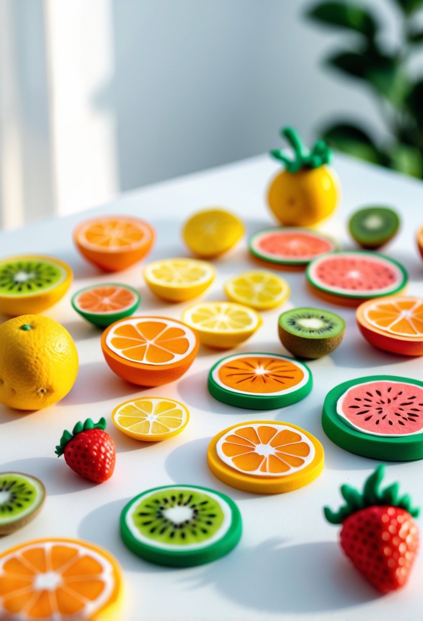 A collection of small, colorful miniature fruit slices made from foam clay arranged on a white surface.