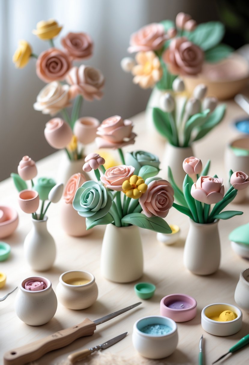 Several small clay flower bouquets arranged on a table with crafting tools nearby.