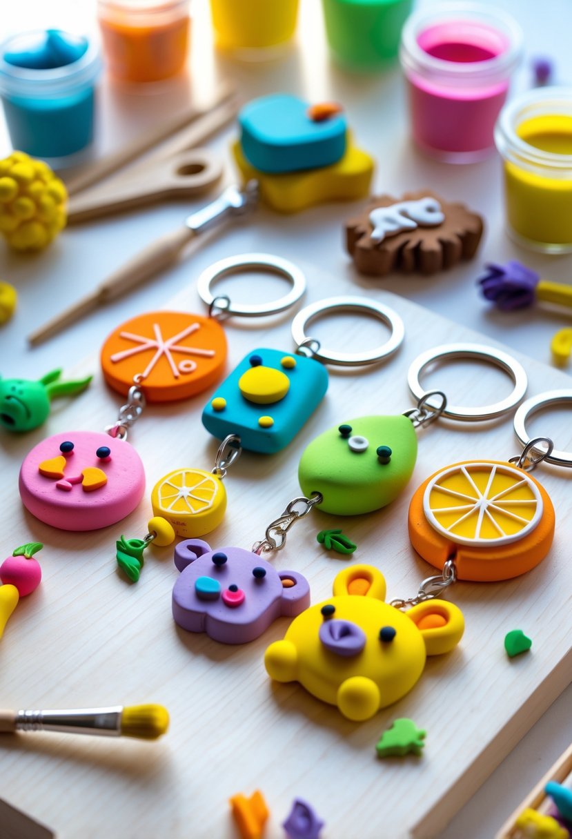 A collection of colorful clay keychain charms on a wooden surface with crafting tools nearby.