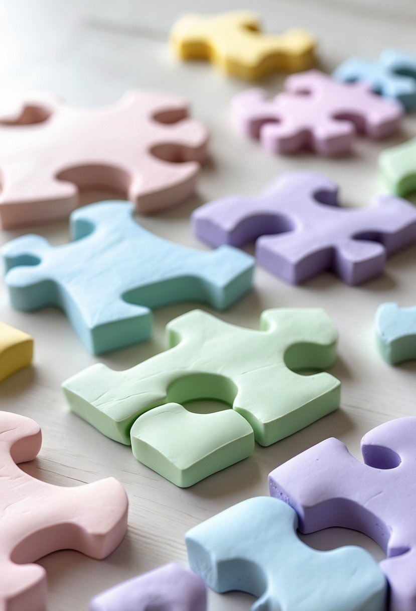 Close-up of colorful clay puzzle pieces arranged on a light wooden surface.