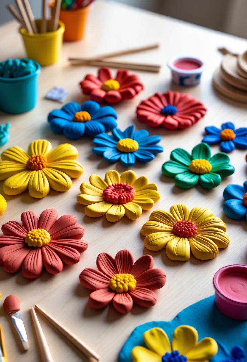 A collection of colorful pressed clay flower decorations arranged on a wooden table with crafting tools nearby.