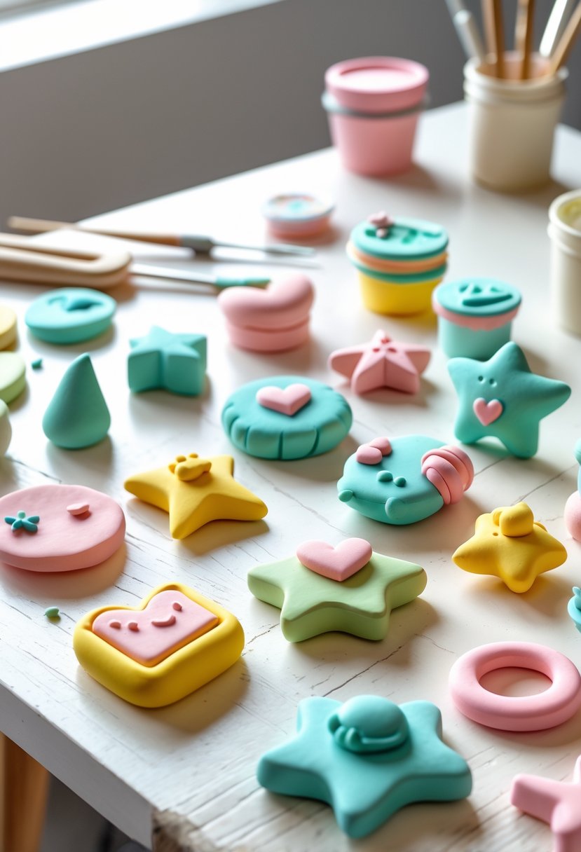 A collection of colorful handmade air-dry clay magnets arranged on a white table with crafting tools in the background.