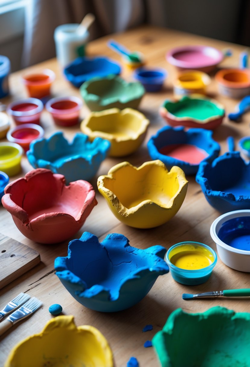 A collection of colorful handmade clay pinch pot bowls arranged on a wooden table with clay tools and paintbrushes nearby.