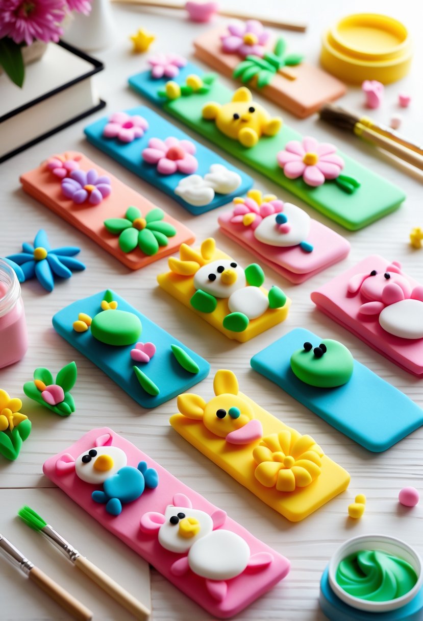A collection of colorful foam clay bookmarks shaped like animals and flowers arranged on a wooden surface with crafting tools nearby.