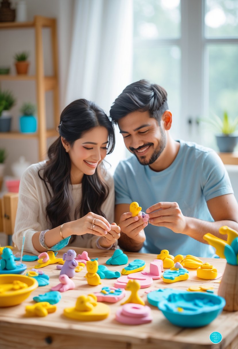 A couple sitting at a table sculpting small colorful clay figures together.