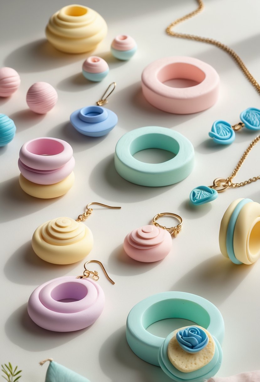 A variety of colorful lightweight jewelry pieces including earrings, rings, and pendants arranged on a neutral surface.