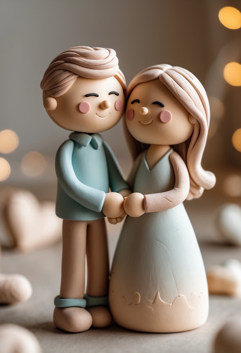 A clay couple figurine embracing each other affectionately.