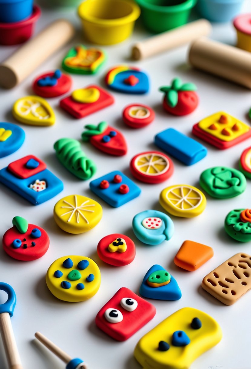 Colorful clay magnets shaped like animals and fruits arranged on a white surface with crafting tools nearby.