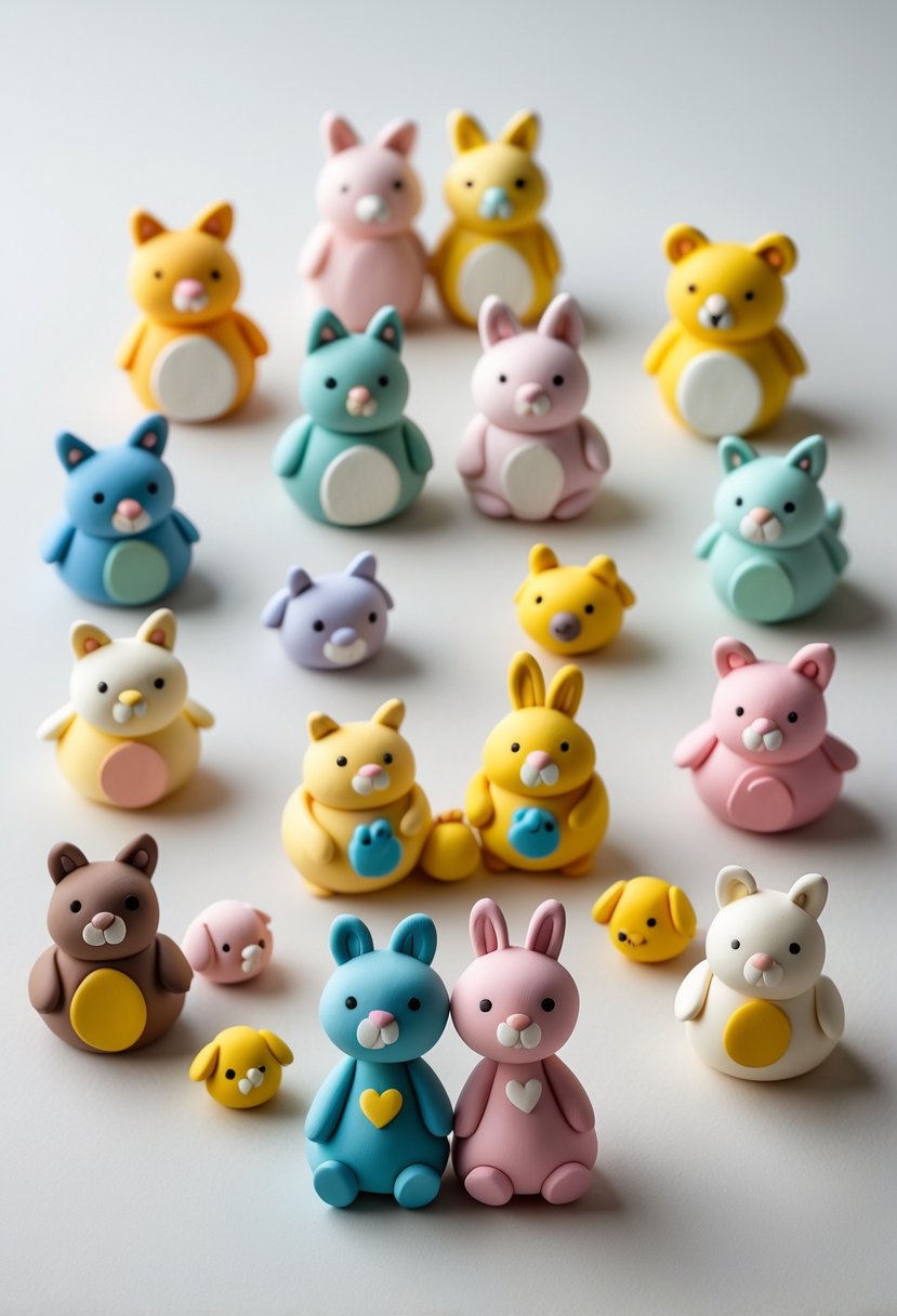 A group of small colorful clay animal figurines arranged in pairs on a plain background.