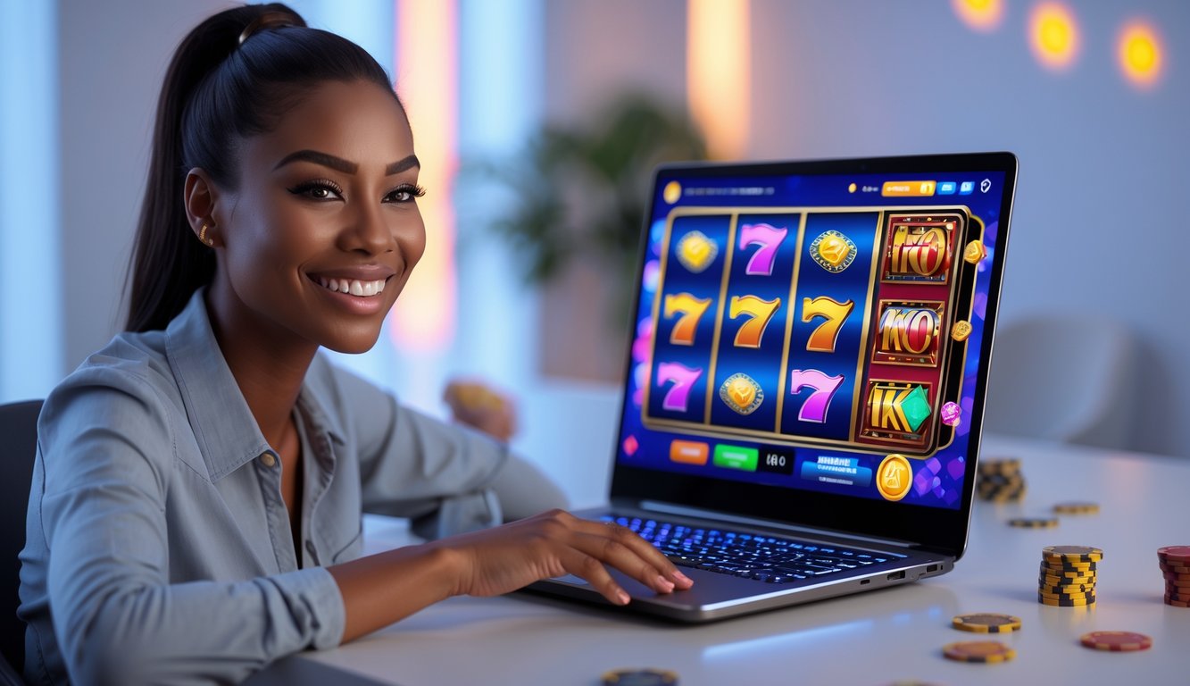 Seorang wanita muda tersenyum duduk di depan laptop dengan tampilan permainan slot di layar, di ruangan yang terang dan rapi.