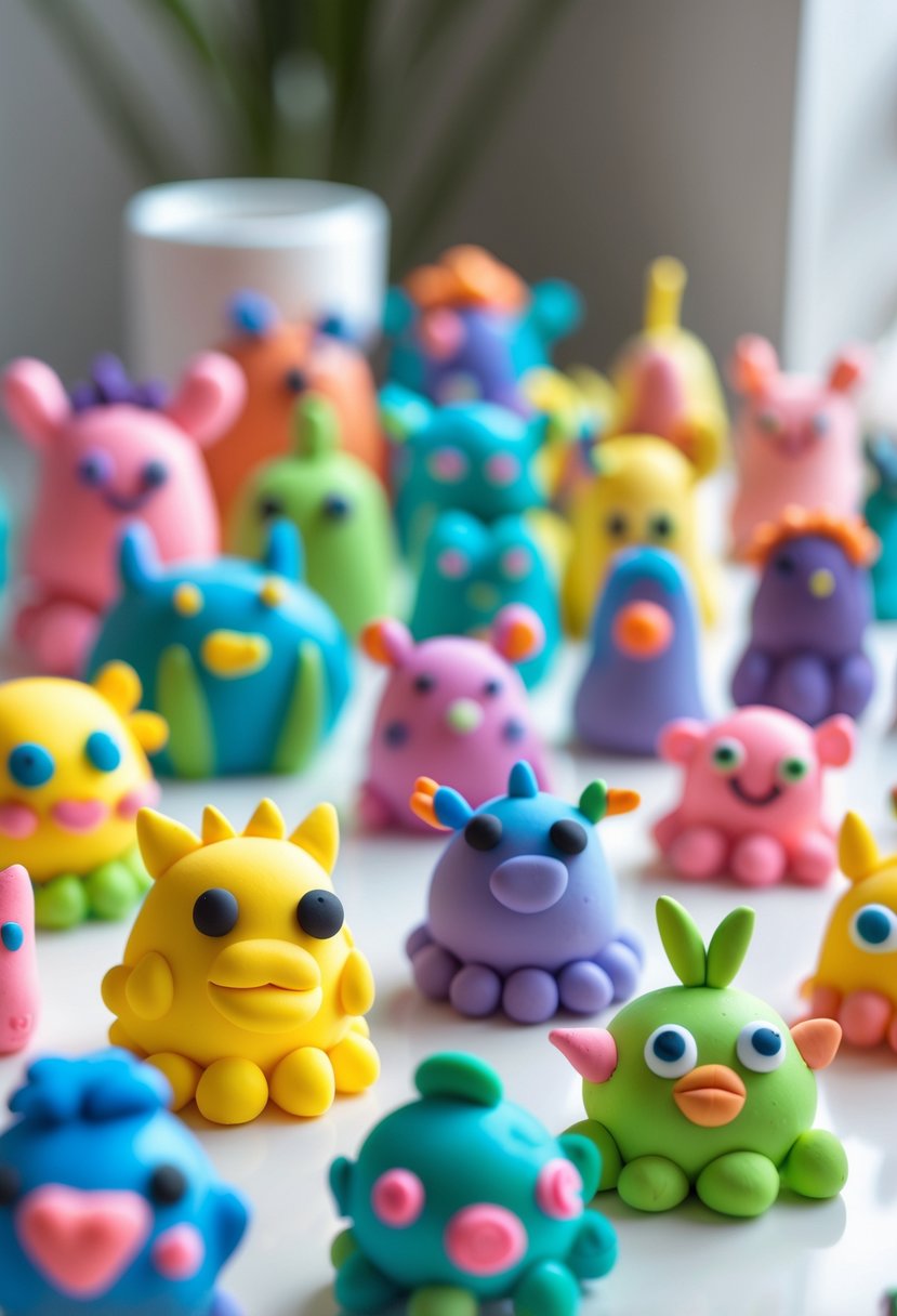 A collection of colorful foam clay character sculptures arranged on a white surface.