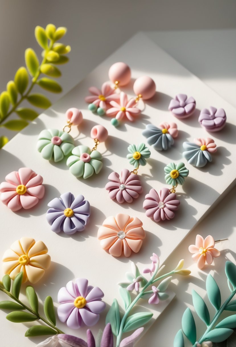 Close-up of colorful polymer clay earrings with floral patterns arranged on a neutral background.
