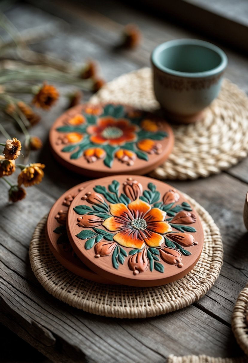 A set of hand-painted terracotta coasters with floral designs arranged on a wooden surface with dried flowers and a ceramic cup nearby.