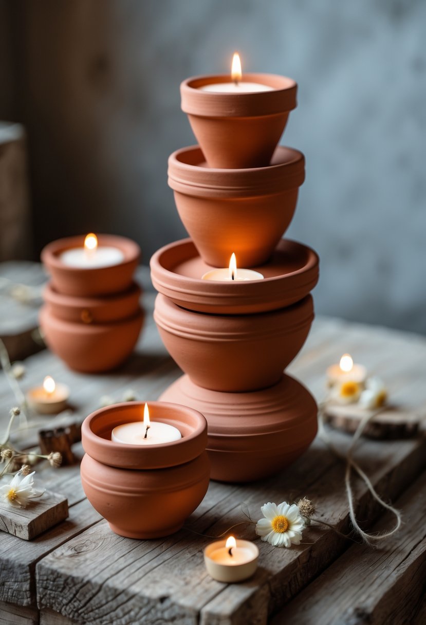Stacked terracotta pots used as candle holders with lit candles on a wooden surface surrounded by dried flowers.
