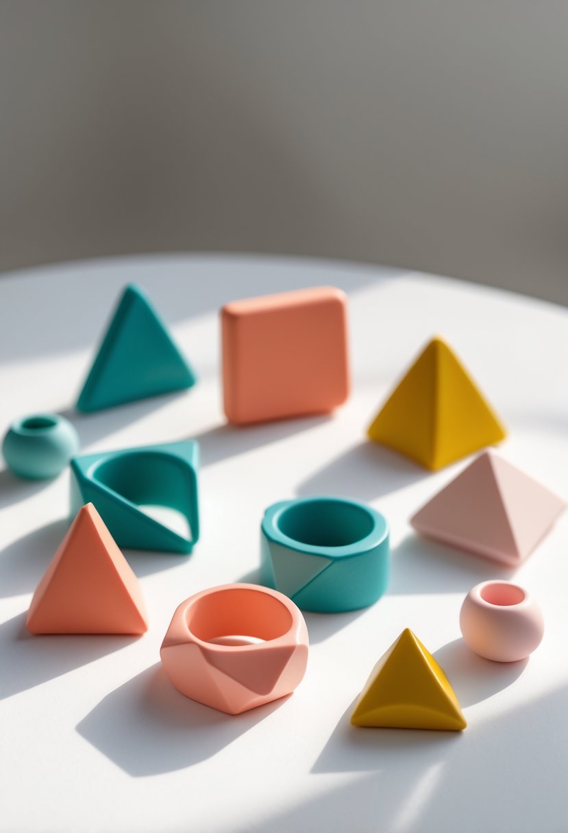 A collection of colorful geometric polymer clay rings arranged on a white surface.
