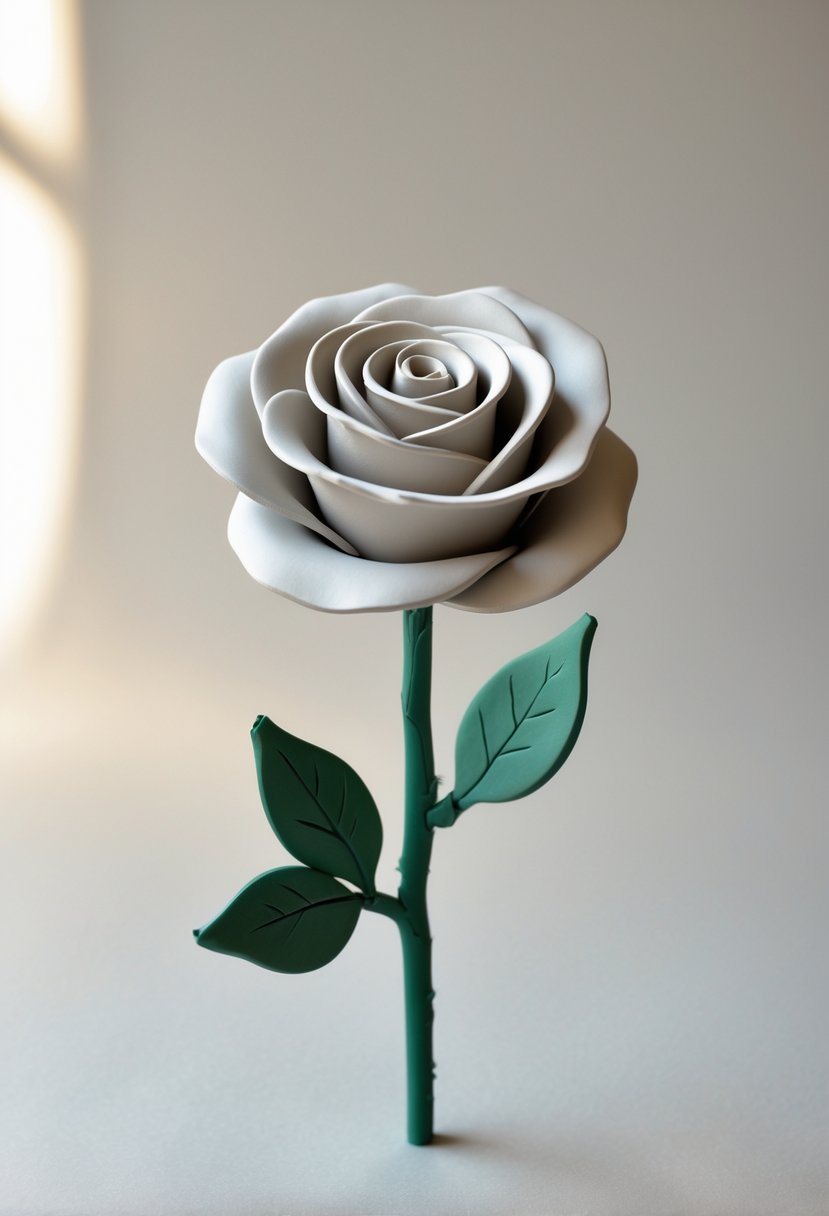A single clay rose bloom with flat petals against a soft neutral background.