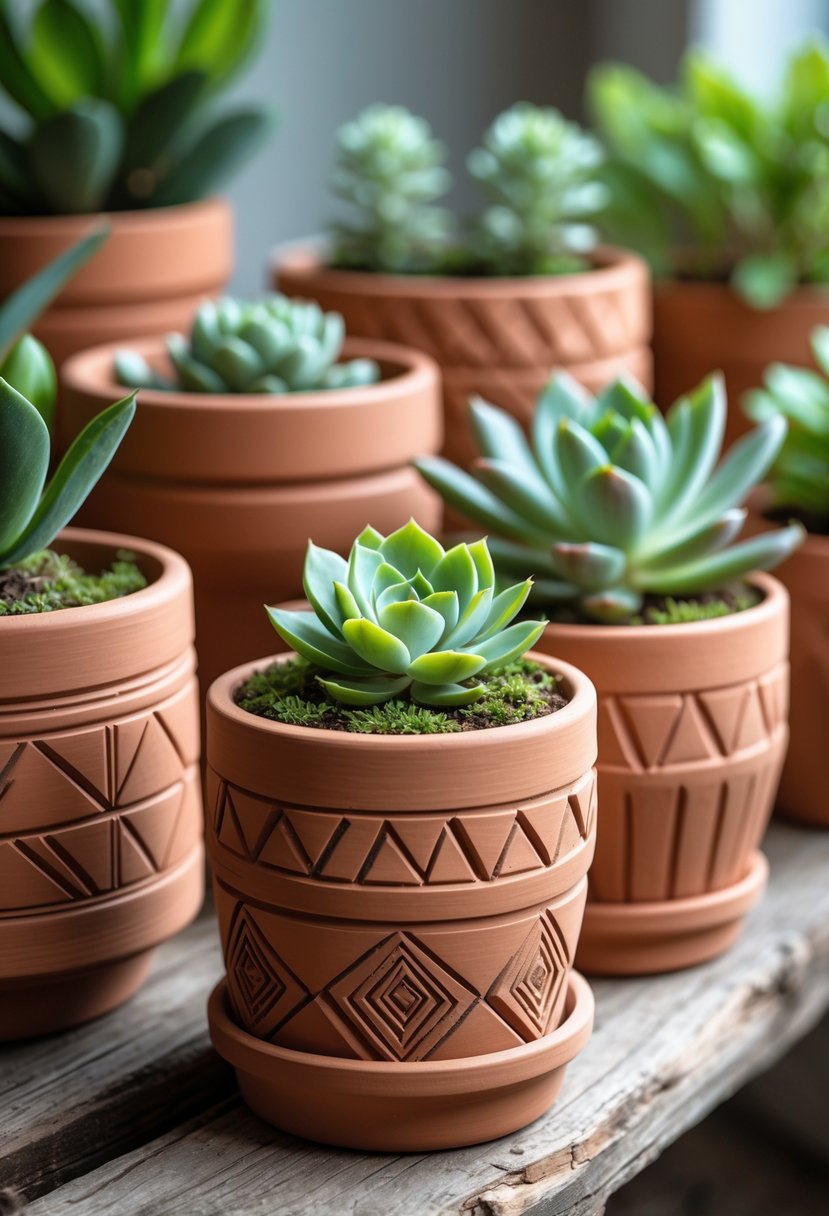 A collection of terracotta planters with geometric designs holding green succulent plants on a wooden surface.