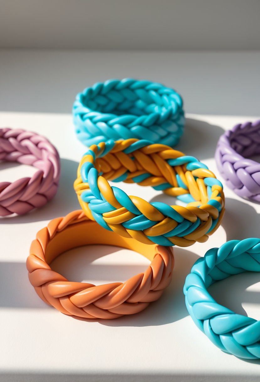 A collection of colorful braided polymer clay bangles arranged on a neutral surface.