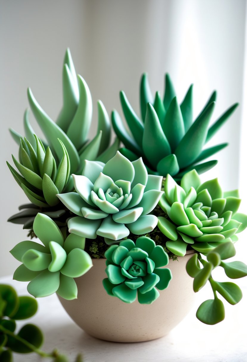 A detailed arrangement of air-dry clay succulents in a ceramic pot on a neutral background.