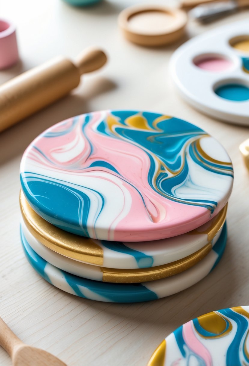 A set of colorful marbled polymer clay coasters arranged on a wooden surface with craft tools blurred in the background.