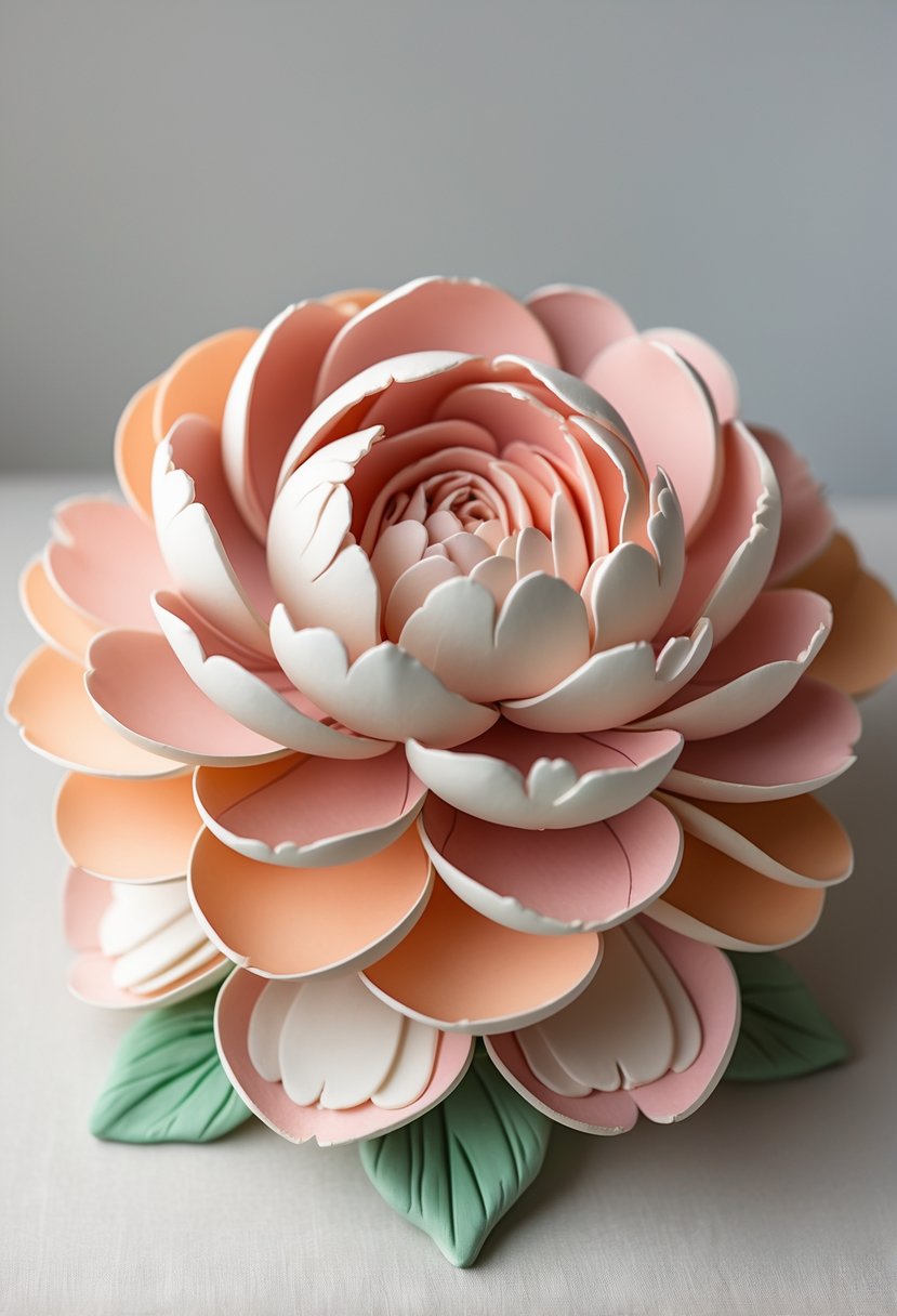 Close-up of a detailed layered peony flower made from clay with soft pink and peach petals on a plain background.