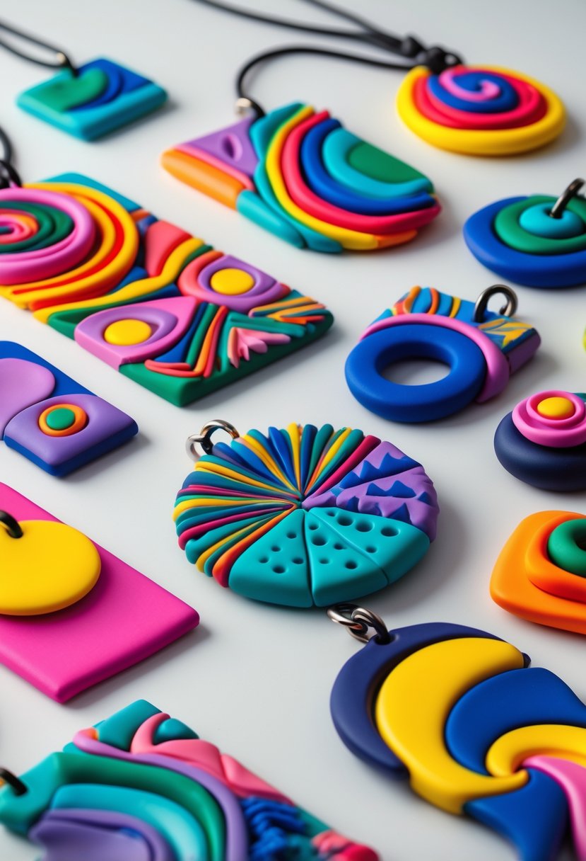 A collection of colorful abstract pendants made from polymer clay arranged on a neutral background.