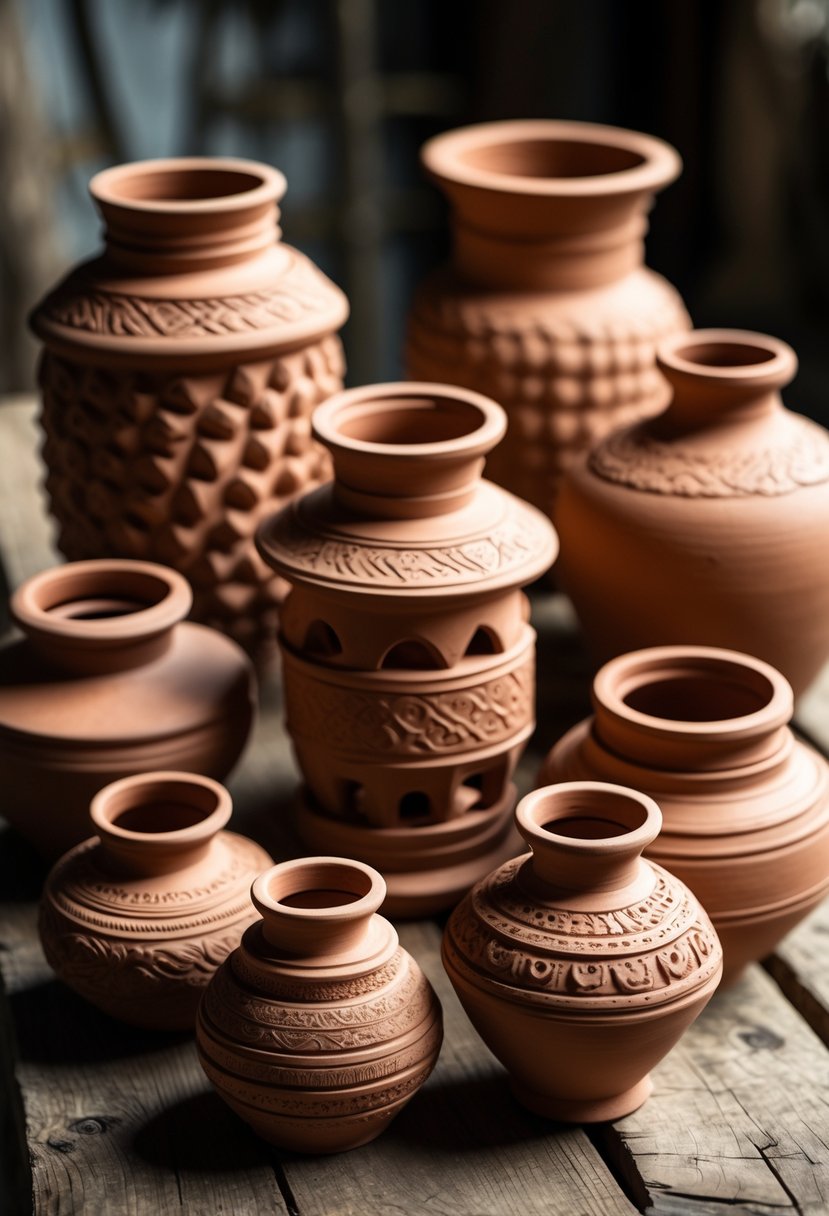 A group of terracotta clay lanterns with textured surfaces arranged on a wooden table.