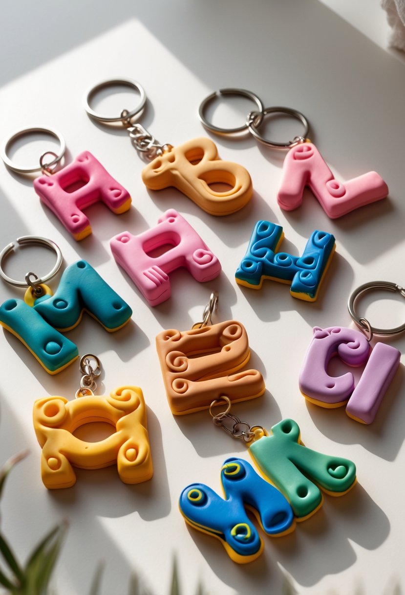 A collection of colorful personalized name keychains made from polymer clay arranged on a neutral surface.