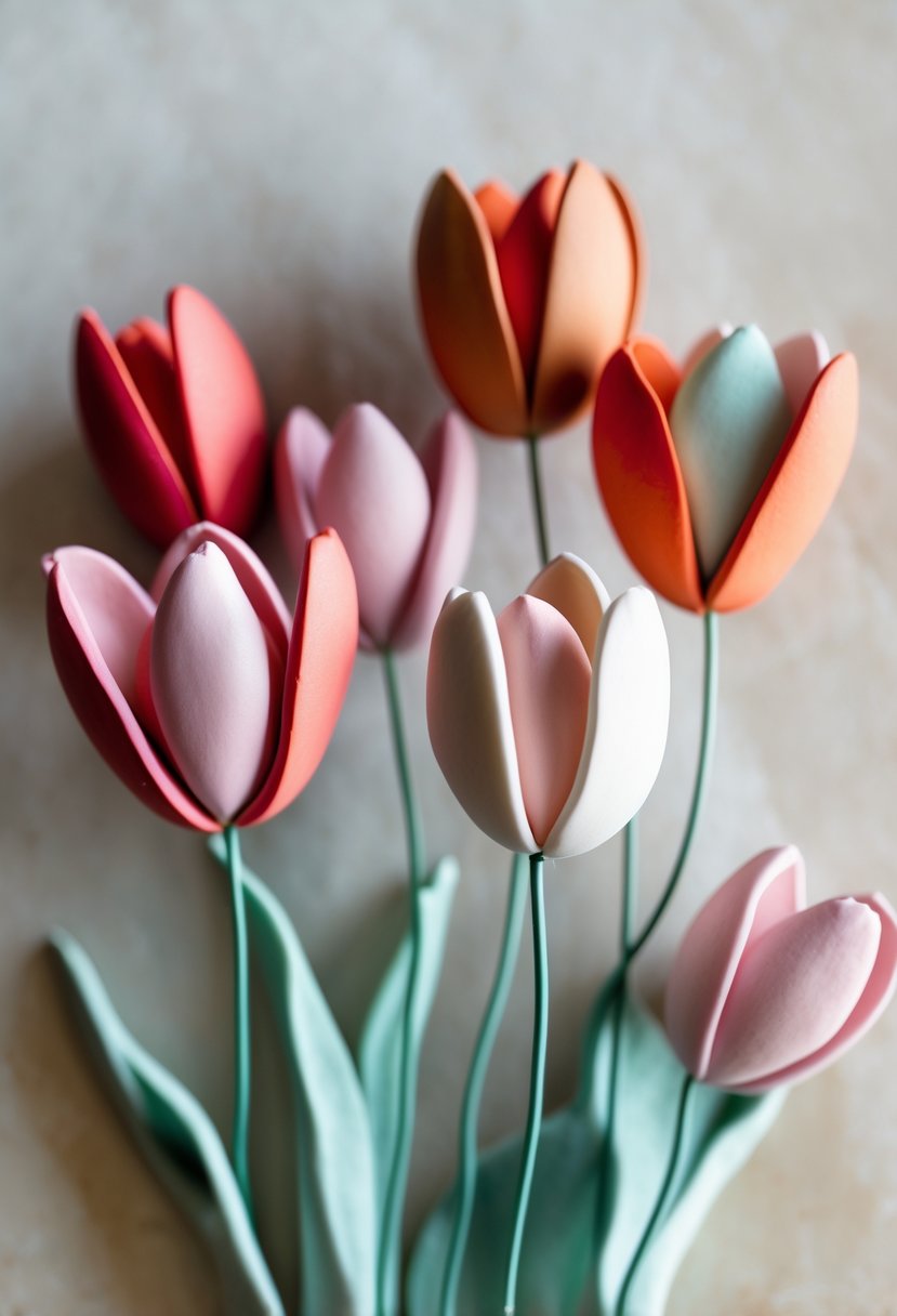 Close-up of handcrafted clay tulip flowers with wire stems arranged against a soft background.