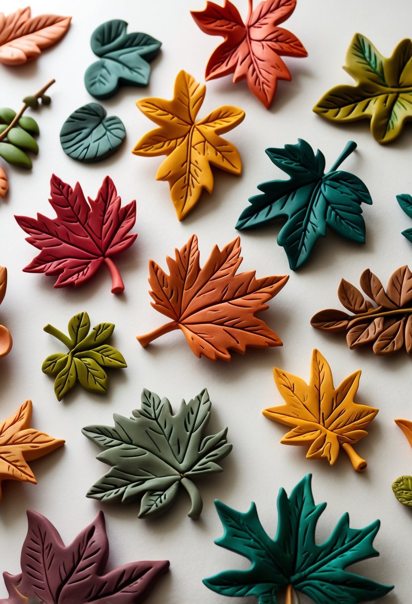 A close-up of several colorful polymer clay leaf brooches arranged on a plain background.