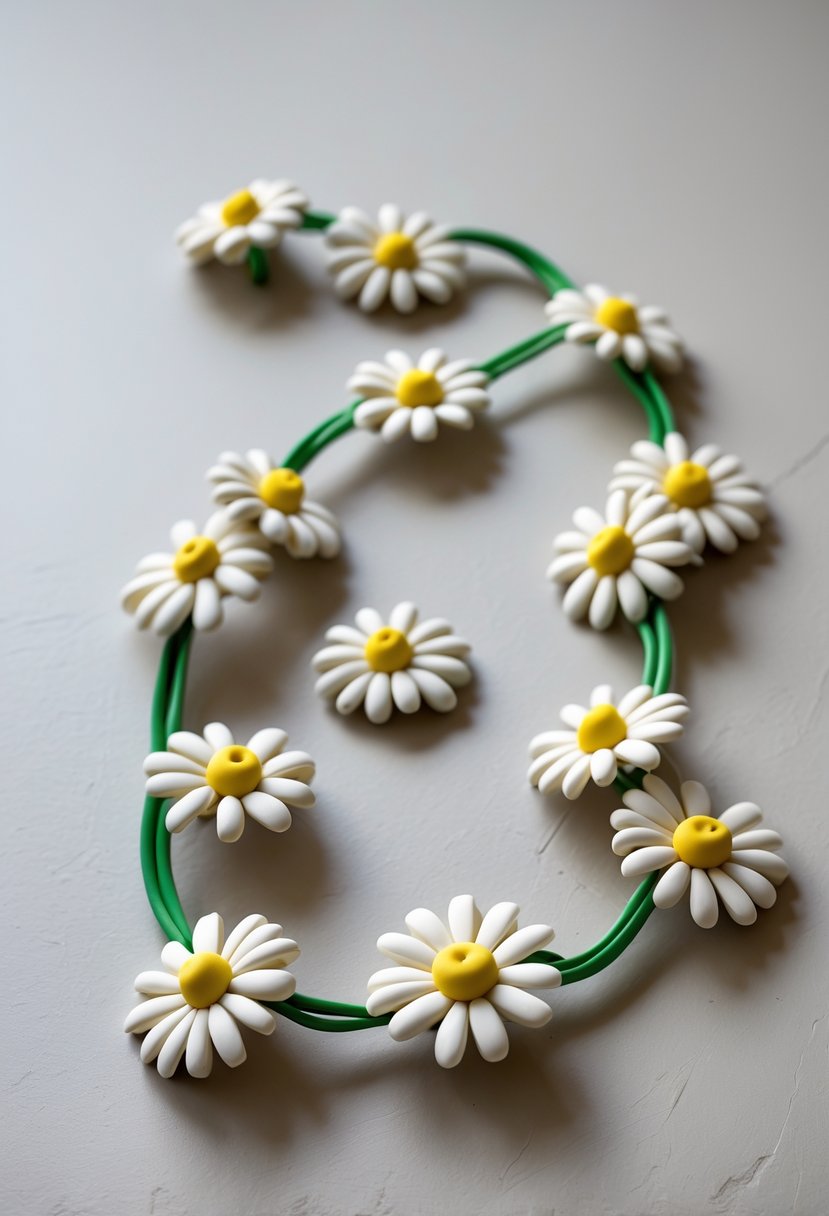 A close-up of a handmade daisy chain garland made of white clay flowers with yellow centers on a plain background.
