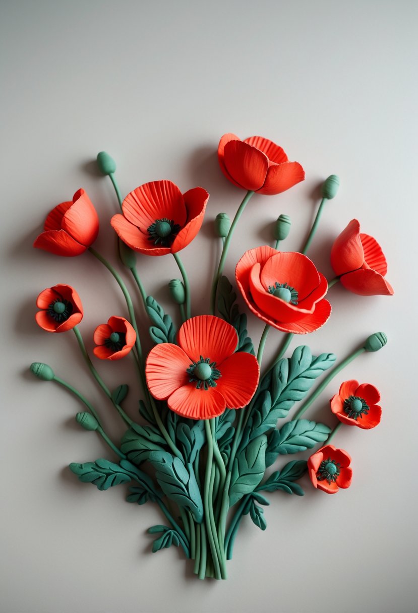 A close-up view of several red clay poppy flowers with green stems arranged on a plain surface.