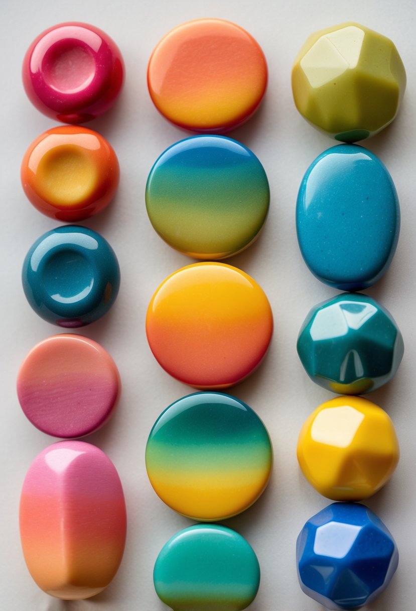 A collection of colorful polymer clay beads arranged in gradient color sets on a neutral background.