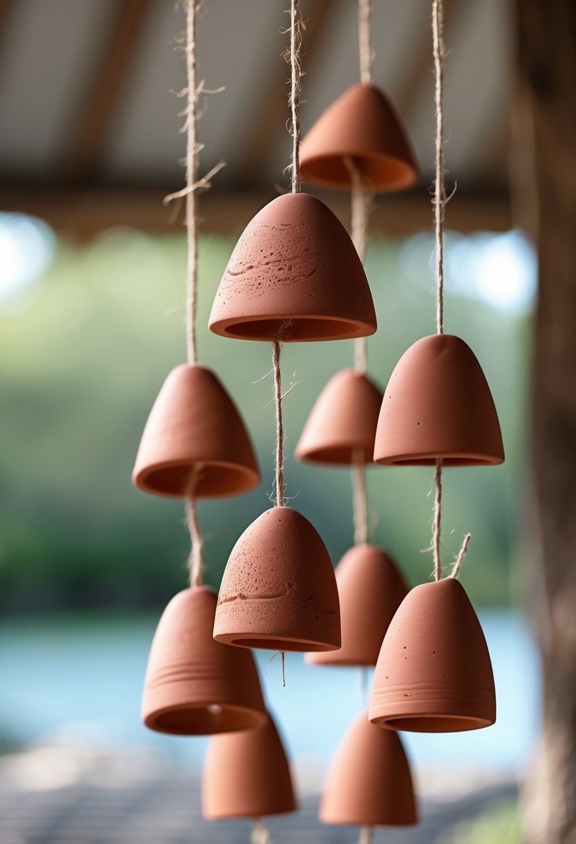 Close-up of terracotta clay wind chimes hanging outdoors, made with natural twine.
