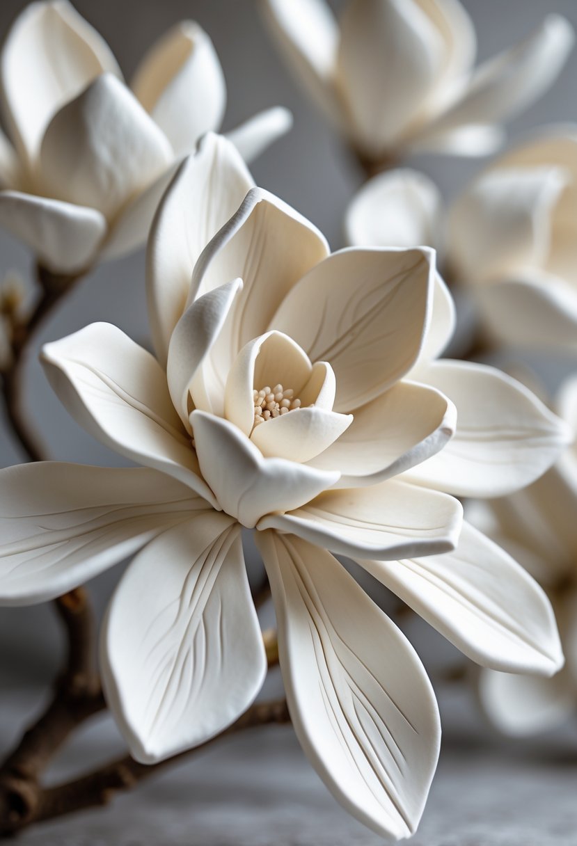 Close-up of a white clay magnolia flower with detailed petals arranged in a bloom.