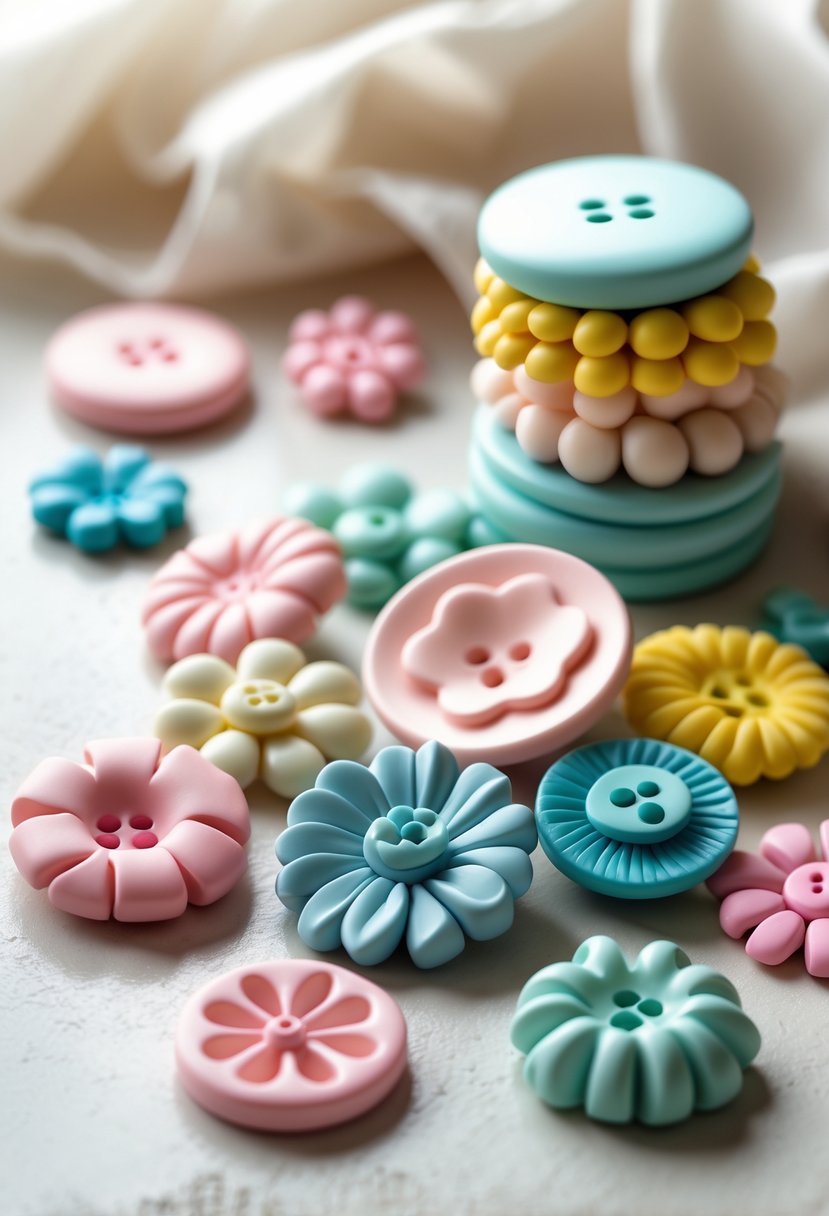 A collection of colorful polymer clay buttons in various shapes and patterns arranged on a neutral surface.