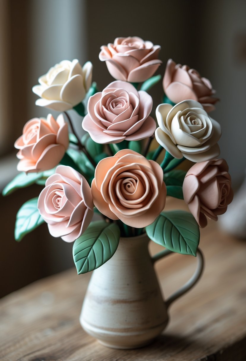 A bouquet of handcrafted clay roses in pastel colors arranged in a ceramic vase on a wooden table.