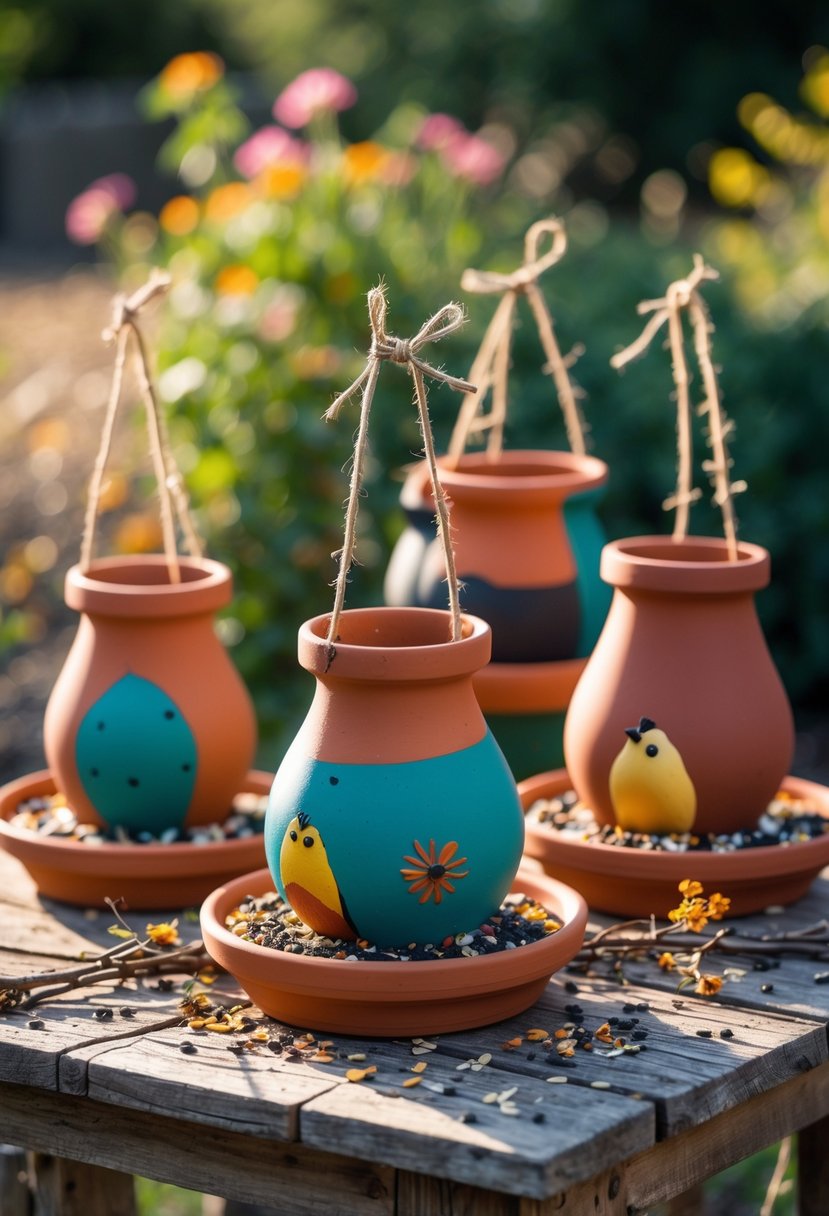 Several terracotta pot bird feeders with painted designs hanging outdoors on a wooden table with green plants in the background.