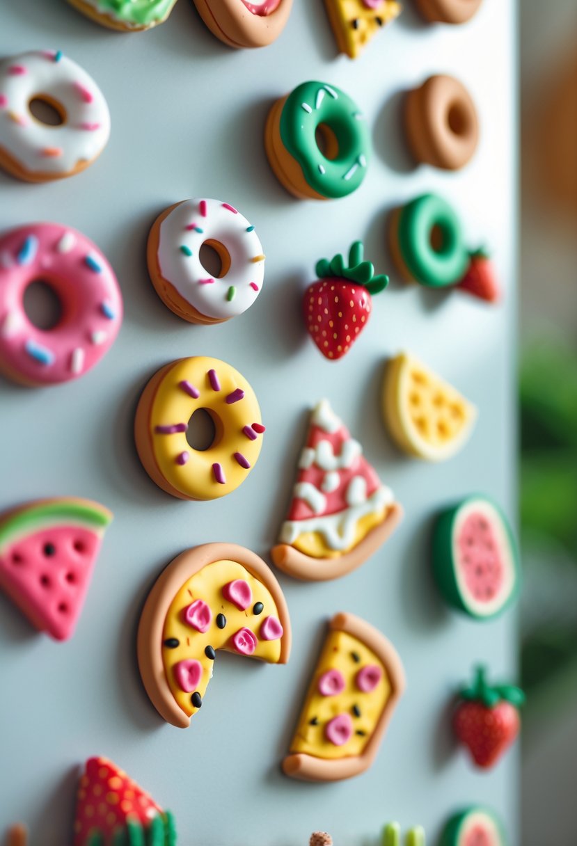A collection of colorful food-shaped magnets displayed on a magnetic surface.